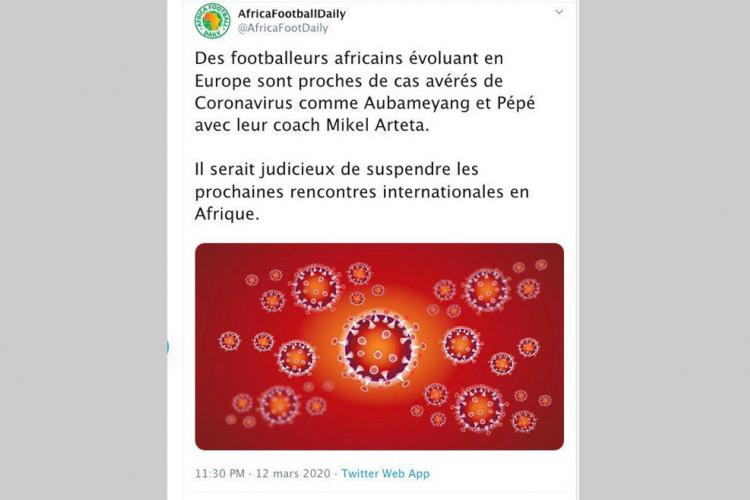 Coronavirus : "Je ne sais pas qui véhicule, et dans quel but, cette information relative à Aubameyang''